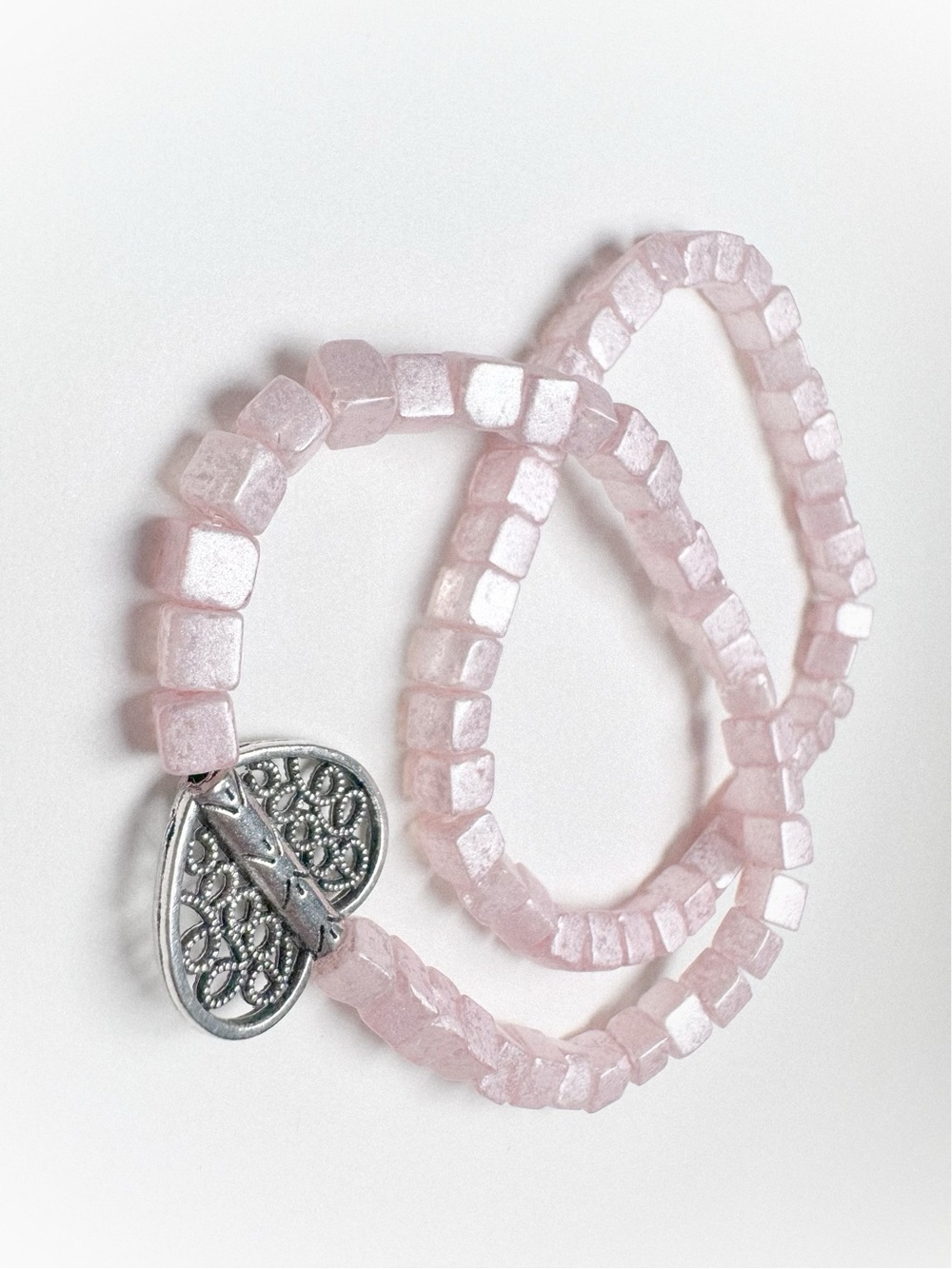 Pink Crystal Cube Bead Bracelet with Silver Heart Toggle